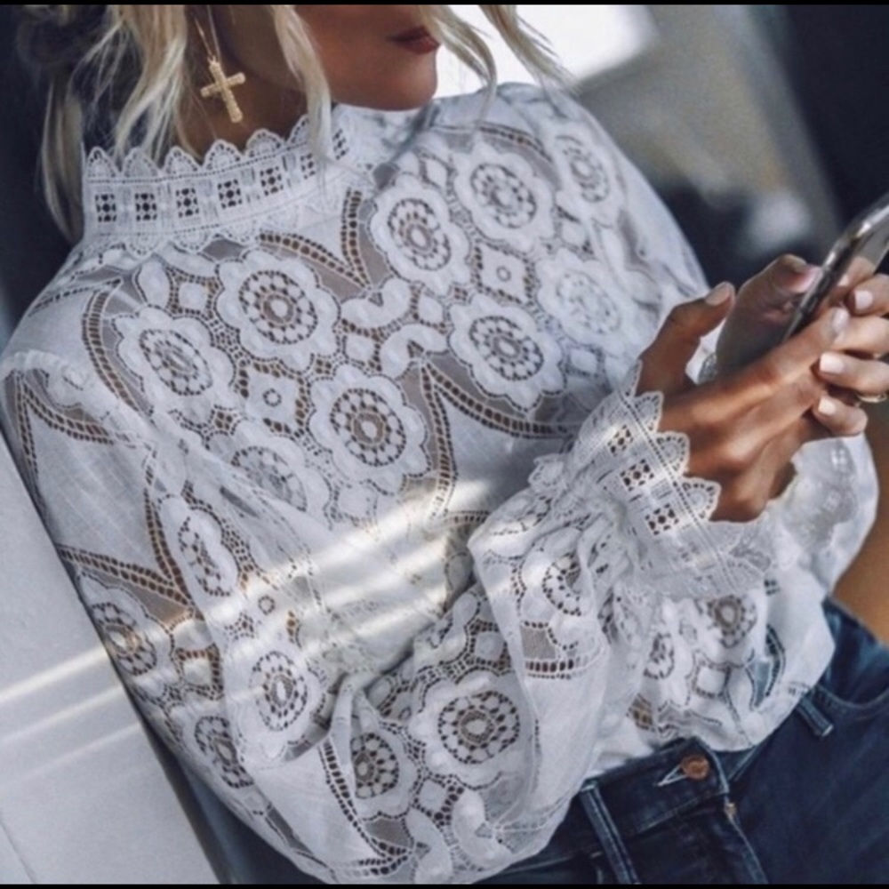 Long Sleeve High Neck Lace Blouse White Boho Chic